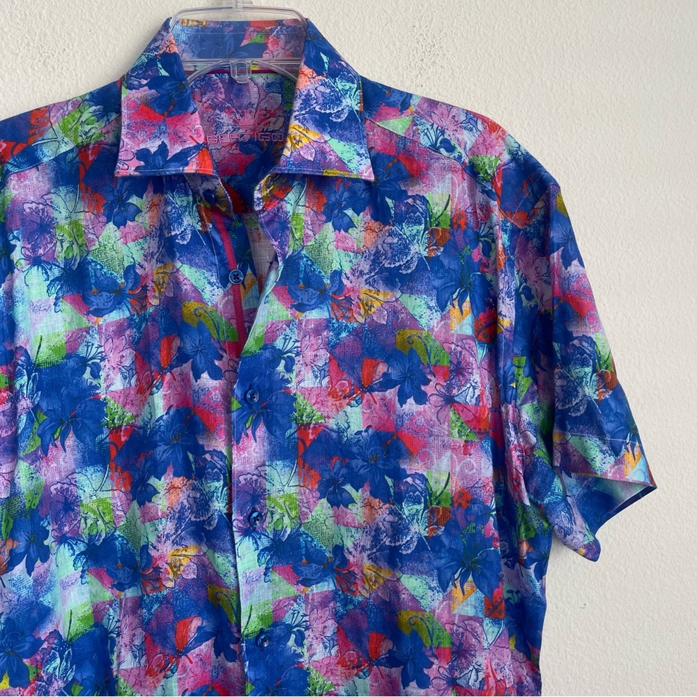 Bertigo Floral Multi Color Short Sleeve Button Down Linen Shirt